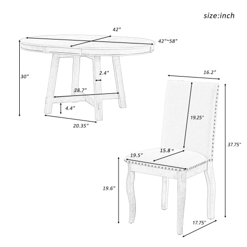 Harper & Bright Designs 5 Piece Farmhouse Dining Table Set Wood Round Extendable Dining Table and 4 Upholstered Dining Chairs, Oak Natural Wood + Antique White