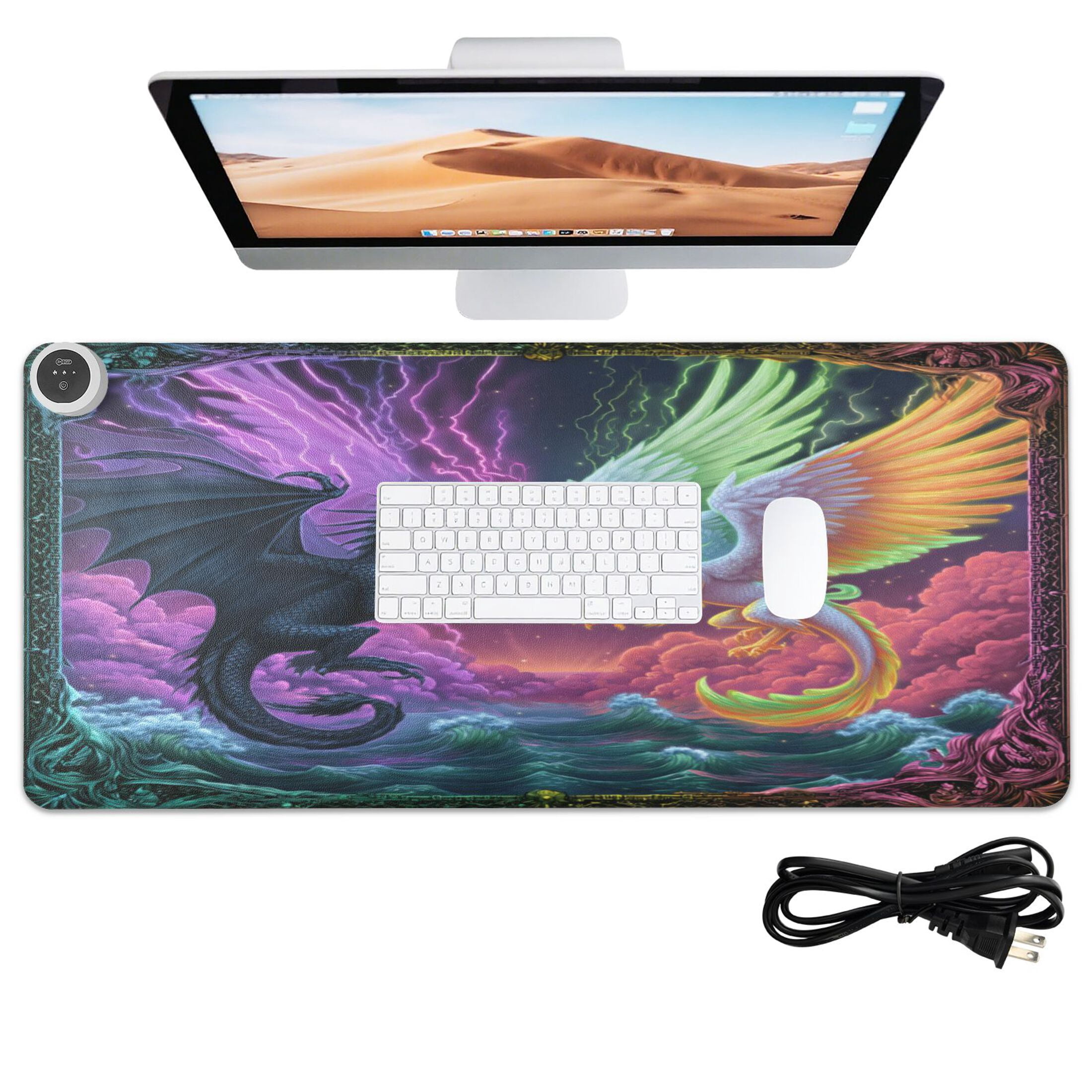 Large Heated Desk Mat Mouse Pad 31.5"x13"PU Leather Graphene Heating Desk Warmer with 3 Temperature Settings 110V US Plug Non-Slip Warm Pad for Home, Office, and Gaming Magic Dragon Game Card
