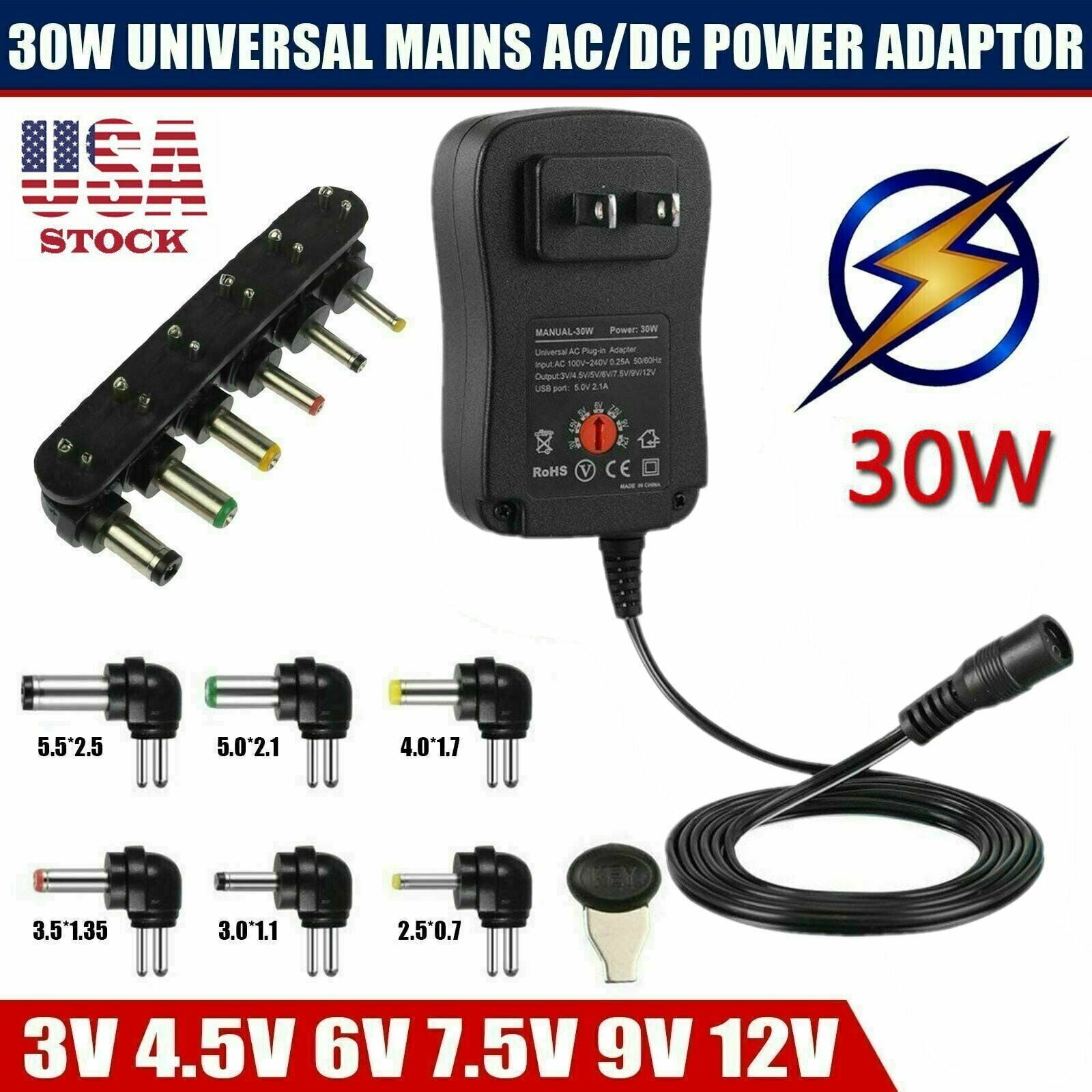 AC/DC 30W Universal Power Adapter 3v-12v Switching Supply USB Port 6 Tips 1000ma 