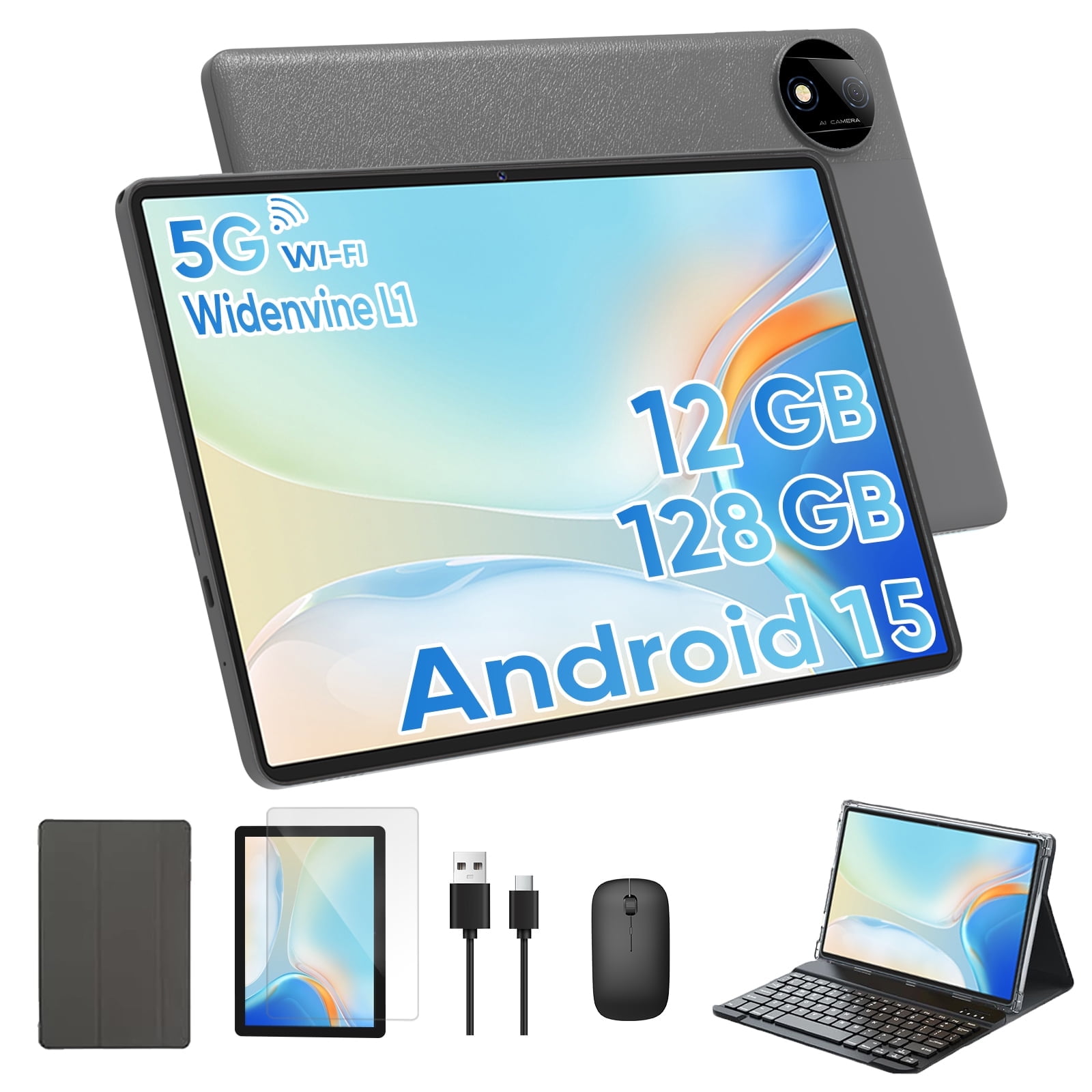 2025 Latest 11-inch Android 15 Tablet, 12GB RAM, 128GB ROM, HD Display, Octa-Core Processor, Dual Cameras, Stereo Speakers, 5GWIFI