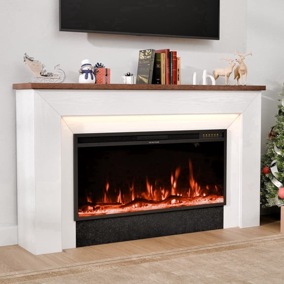 Kincubow 62 inch Electric Fireplace TV Stand with Mantel, 1500W Heater, 12 Flame Effects, White Wood Grain