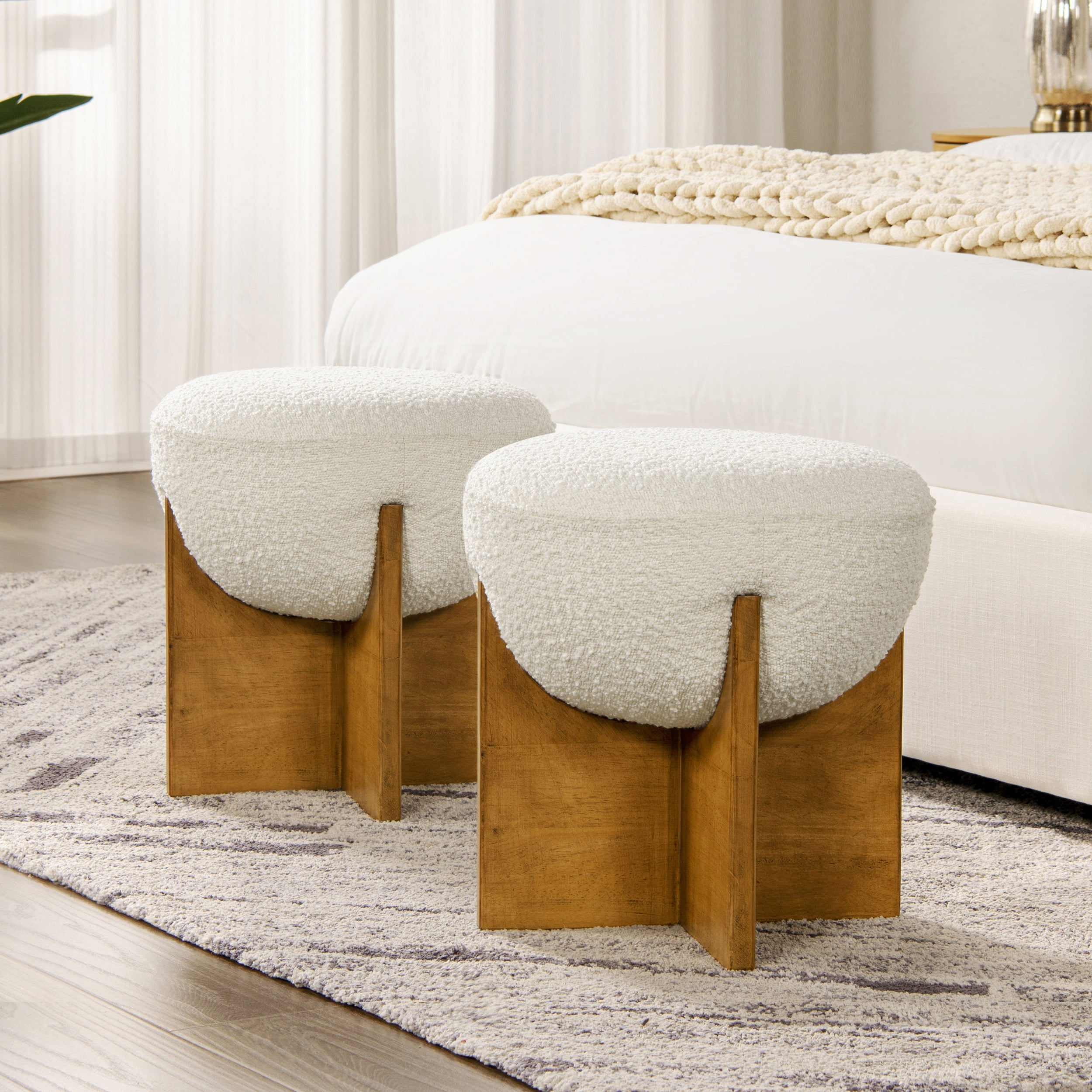 Bali 18.5" Round Upholstered Ottoman with Natural Wood Base Ivory White Boucle