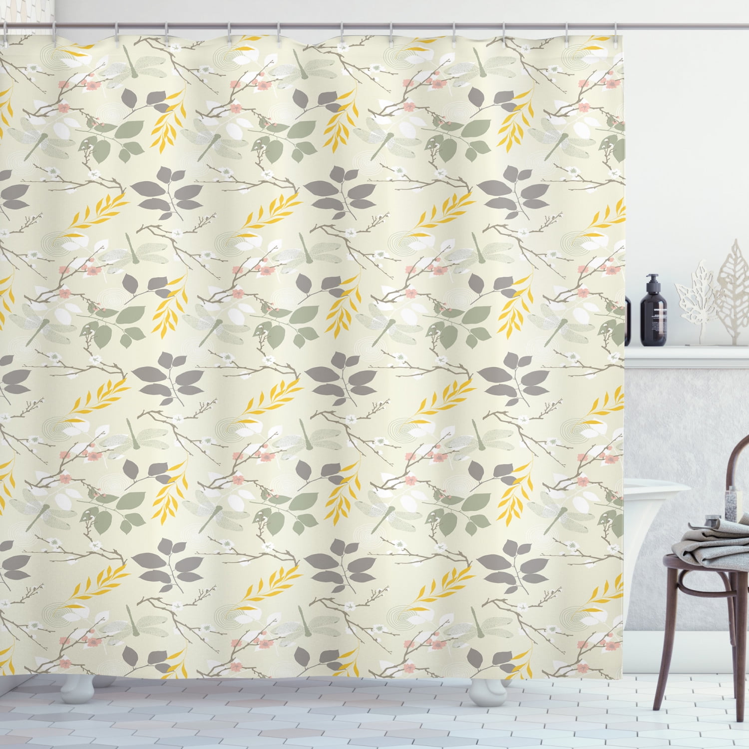 Grey and Yellow Shower Curtain, Vintage Farm Life Modern Inspired Florals Bugs Image, Fabric