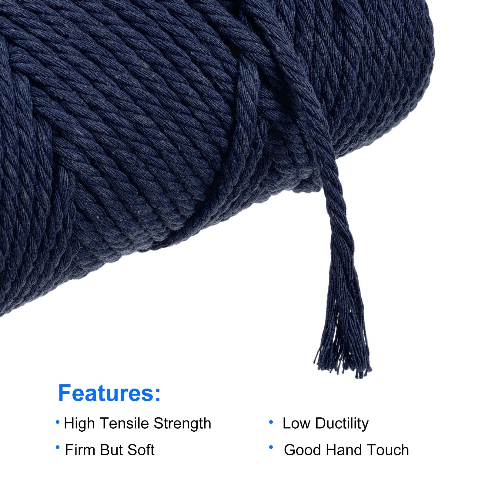 Uxcell Cotton Rope Twine String Twisted Braided Cord, Navy Blue 200m/218 Yard for Wall Hanging, Macrame Knotting