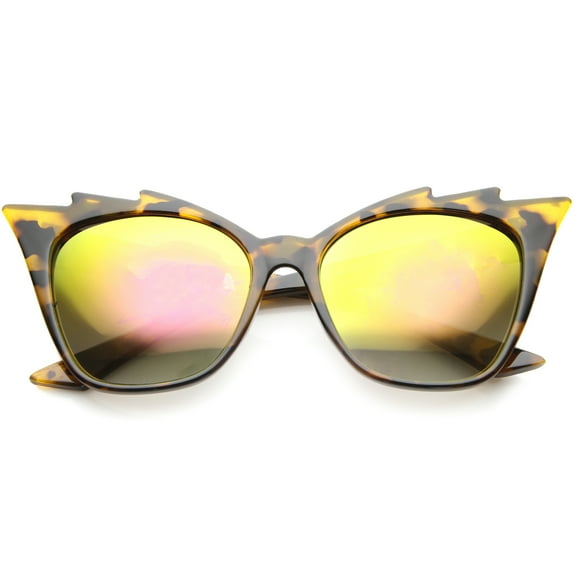 sunglassLA Unisex Womens Fashion Jagged Edge Staggered Flash Mirror Lens Cat Eye Sunglasses (Tortoise / Pink) - 60mm