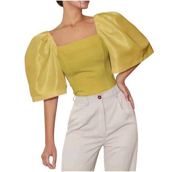 Women's Flutter Sleeve Square Neck Tunic Tops Cropped Tops Slim Fit Babydoll Trendy Ladies Y2k Shirts Blouses Yellow,XL