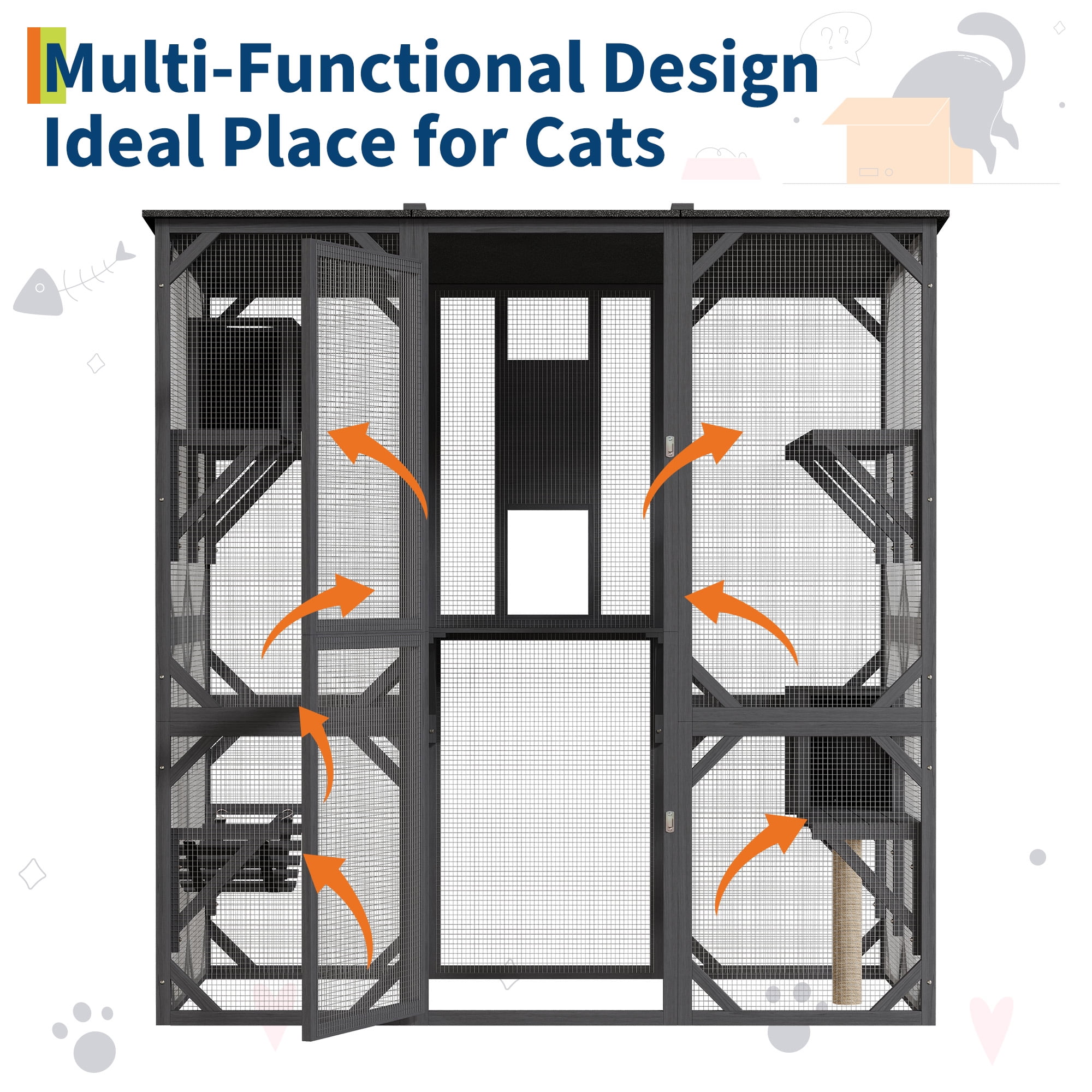Kicctian Spacious Outdoor Wooden Cat Enclosure Catio - Large Walk-In Cat Cage with Waterproof Roof, 4 Platforms, 2 Rest Boxes, Scratching Post, Hammock, Sliding Doors, Window Access -Grey