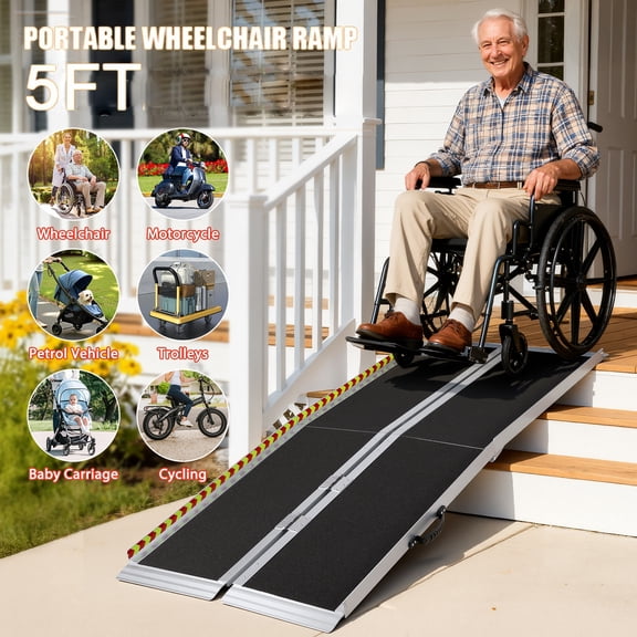 Tereitr 5FT Folding Wheelchair Ramp, Portable Aluminum Mobility Ramp with Non-Slip Surface, 600 lbs Capacity for Steps, Doorways, and Vehicles