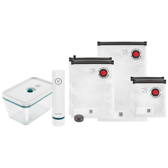 ZWILLING Fresh & Save 7-piece La Mer set with clear rectangular food container, white handheld vacuum pump, and five transparent resealable vacuum bags in different sizes.