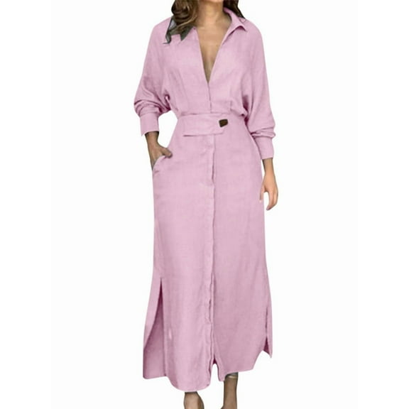 Women Autumn Casual Lapel Split Wrinkle-Free Long Maxi Vacation Dress with Pockets Pink XL