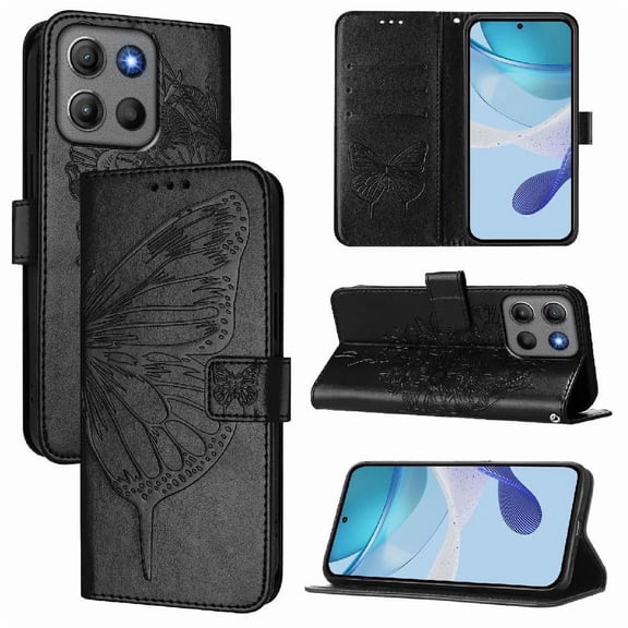 Butterfly Wallet Case for Motorola Moto G17 with Card Slots & Stand - Shockproof Black