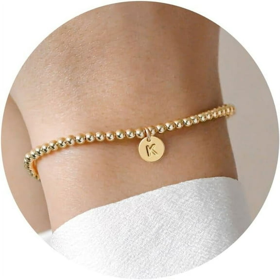 Gold Initial Bracelet for Women - Dainty 14K Gold Plated Letter A-Z Charm Disc Bracelet for Women Trendy, Womens Gold Jewelry Beaded Bracelet Gifts
