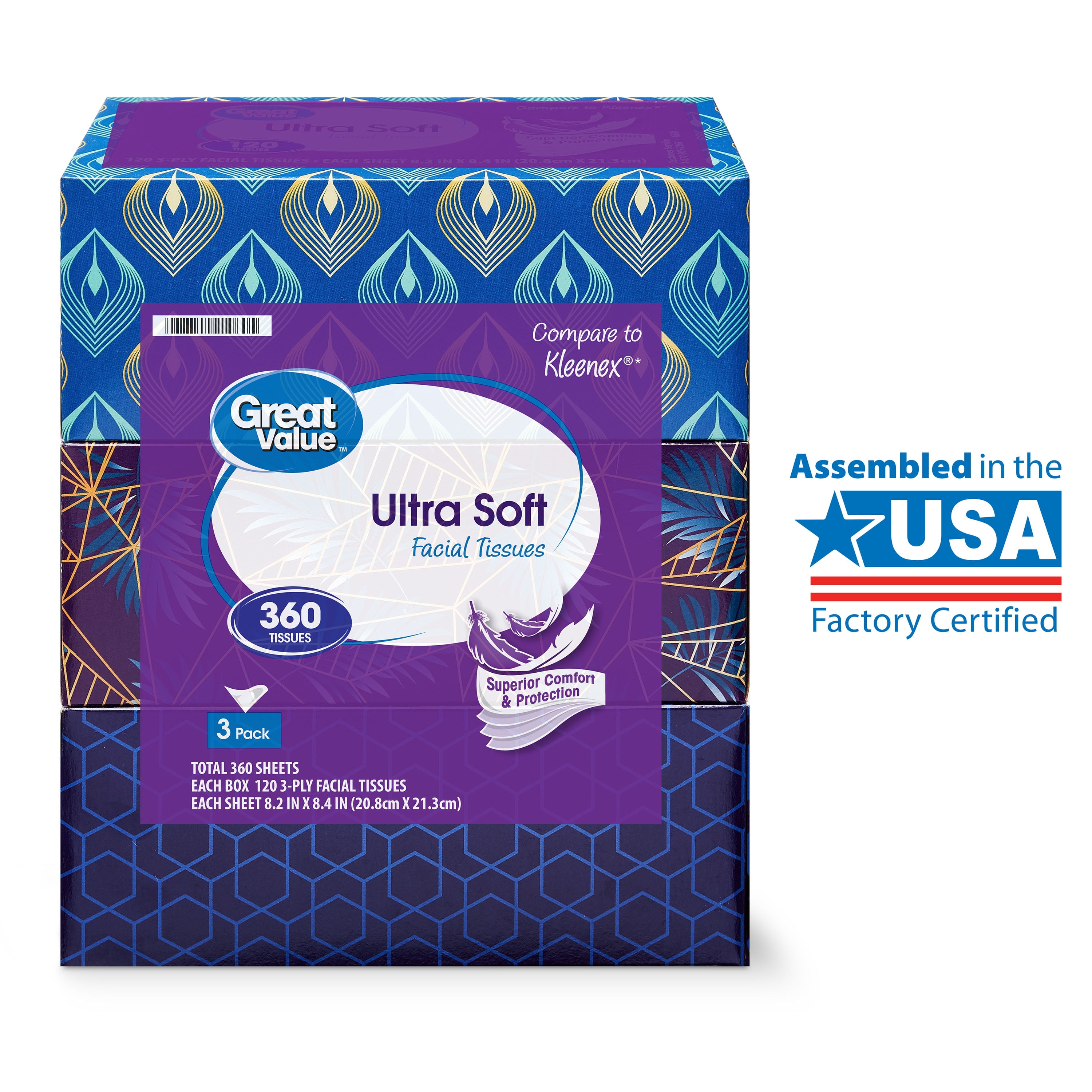 Great Value Ultra Soft Facial Tissues, 3 Flat Boxes (360 Total Tissues) Green