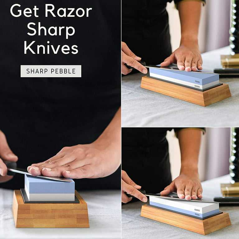 Knife Sharpening Stone Set – Dual Grit Whetstone 1000/6000 Premium  Whetstone Knife Sharpener with Leather Strop, Flattening Stone, Bamboo Base  