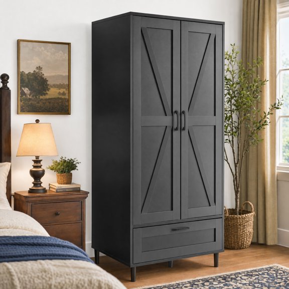 Gyger, 2 Doors Wardrobe Armoire Closet with Doors and Drawers, Farmhouse Wooden Armoire Storage Cabinet with Shelves & Hanging Rod for Bedroom,Black