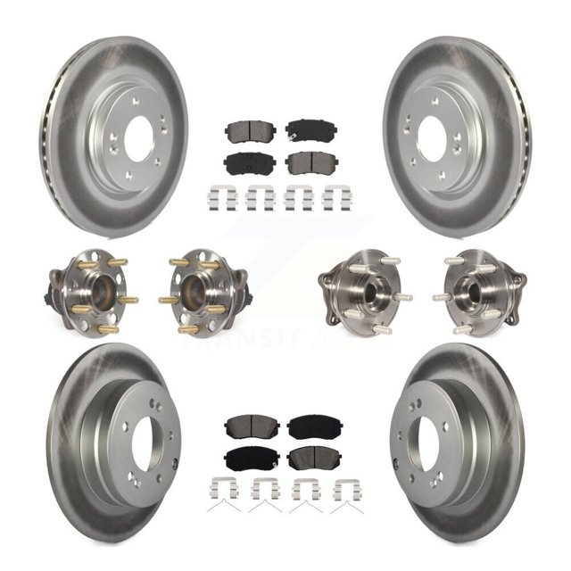 Transit Auto Front Rear Hub Bearings Assembly Coated Disc Brake Rotors and Semi-Metallic Pads Kit (10Pc) for Car Kia Optima with Manual Parking - Left Right Side (Driver Passenger) KBB-115275