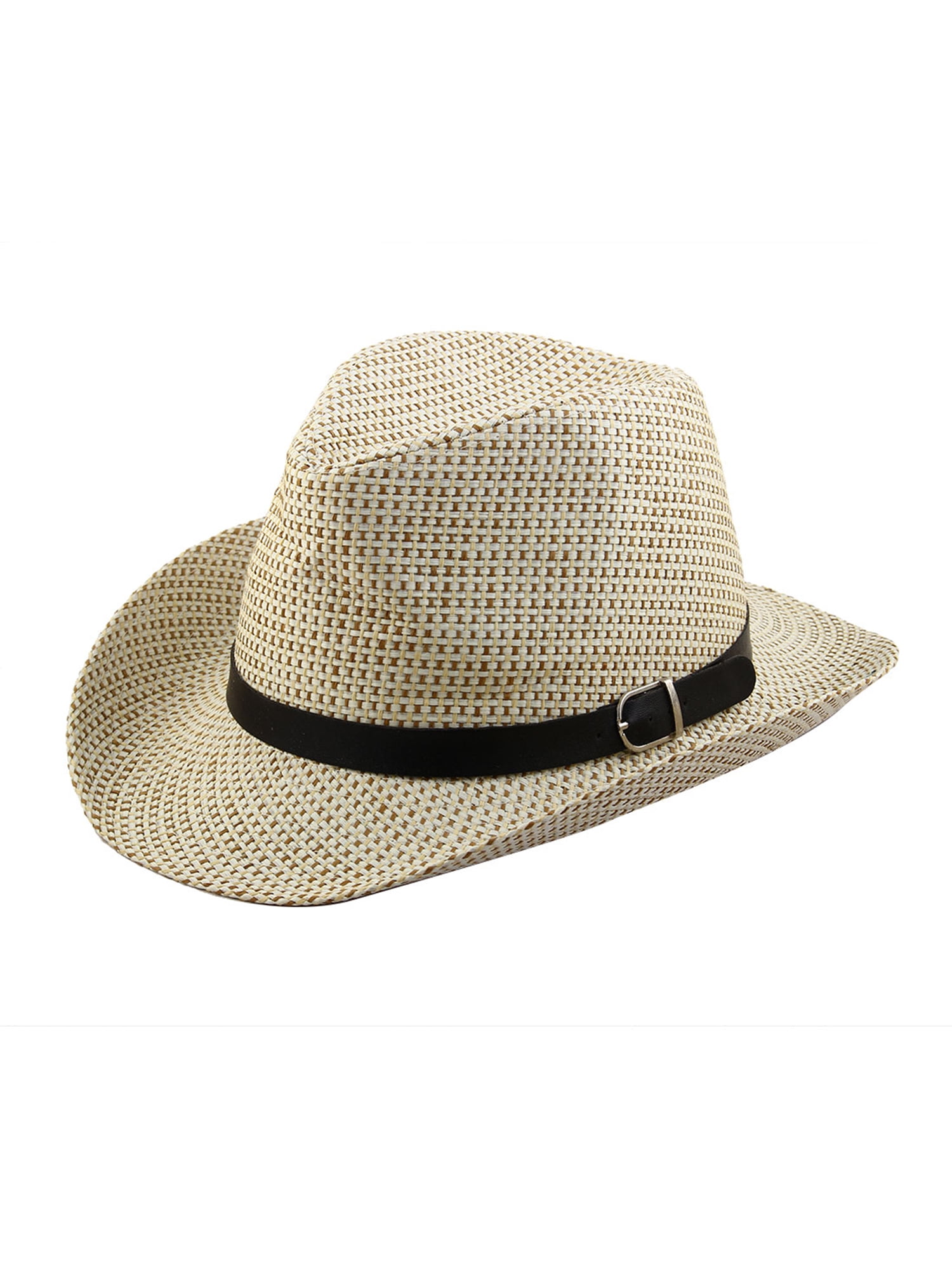 Men Summer Straw Braided Faux Leather Band Decor Western Style Sunhat Cowboy Hat