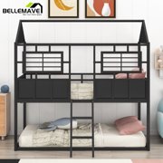 Bellemave Black Twin over Twin Size Metal Bunk Bed with House Roof and Fence-shaped Guardrail for Kids Adult Child, Low Height Twin Size Kids House Bunk Bed with Inclined Ladder for Bedroom