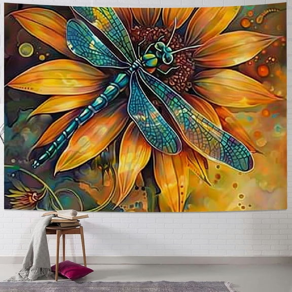 Patifu Dragonfly Sunflower Fantasy Art Tapestry Wall Hanging Unique Style Graphic Tapestries Home Wall Decor Art for Living Room Bedroom Apartment Farmhouse Dorm 40x30inch