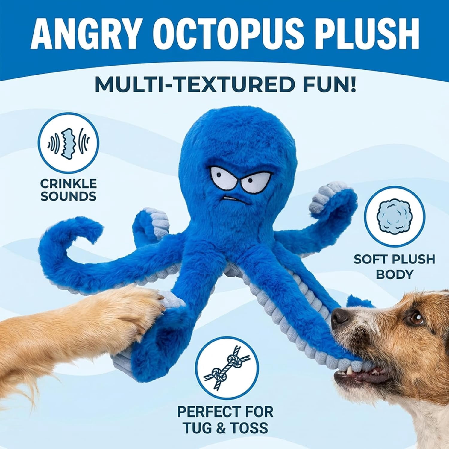 Octopus Dog Toy,Angry Octopus Dog Toy,Tough Dog Toys,Squeaky Plush with Long Tentacles, Chew Toys for Small and Large Dogs Crinkle Blue Octopus (Blue+Yellow)