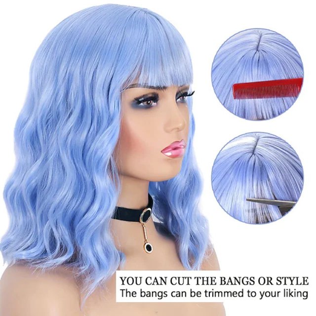 Peluca ondulada natural con flequillo de aire Azul gris Pelucas cortas Pelucas hasta los hombros para mujeres Peluca de cosplay sintética rizada ondulada Chica Pastel Bob Peluca Pelucas de color azul JAMW Sencillez