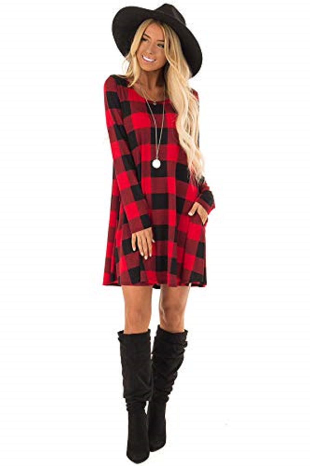 red plaid sweater dress
