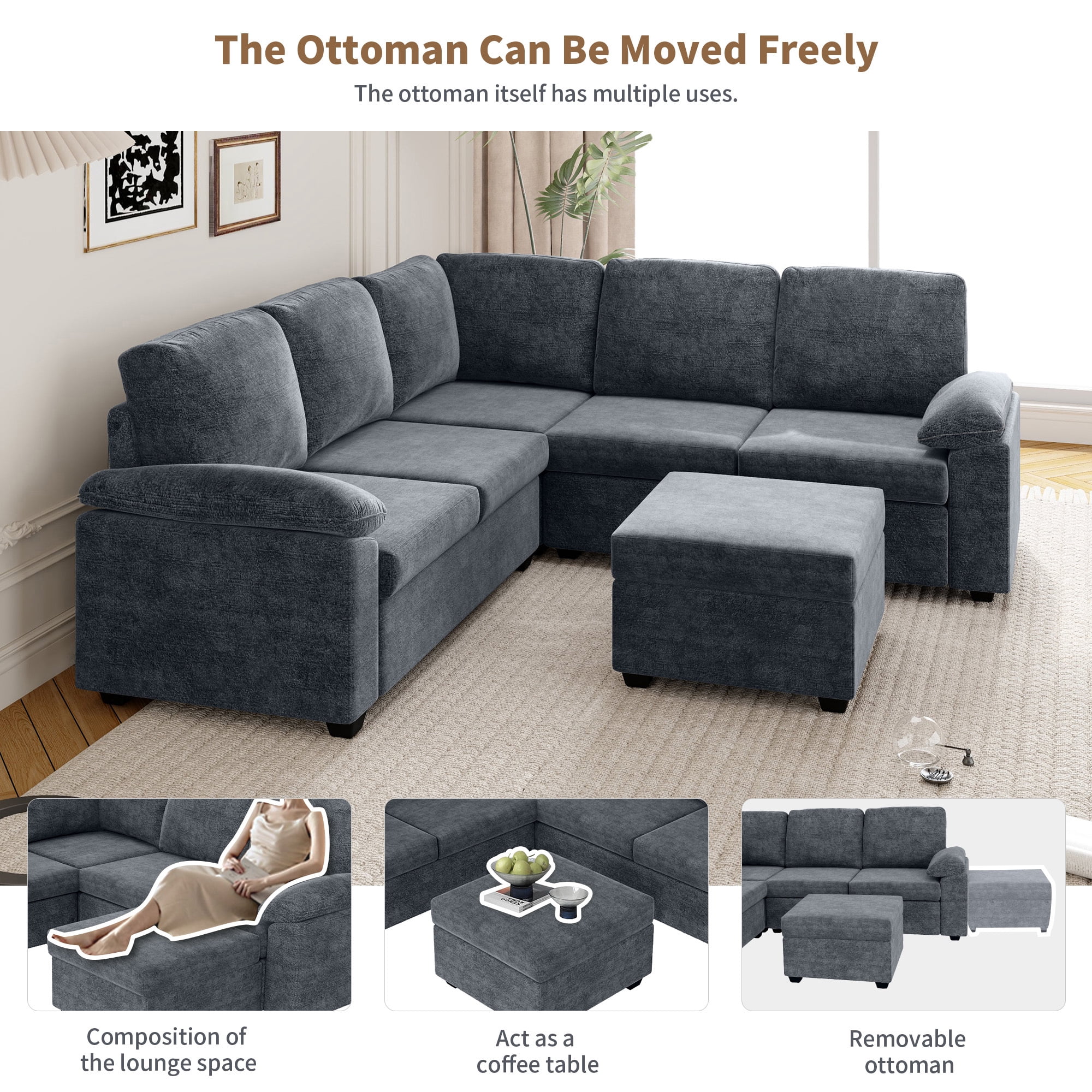 EUROCO 2000LBS 84" Modern U Shaped Sectional Sofa Set, 6 Seat Velvet Upholstered Corner Couch with Ottoman, Armrest Pillow, Indoor Furniture for Living Room, Apartment, Office, Gray