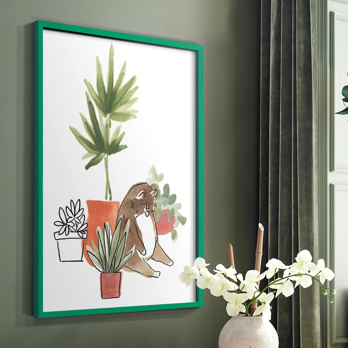 Purrfect Plants II Framed Print in Green Solid Wood Framed Print No Nail Hanging
