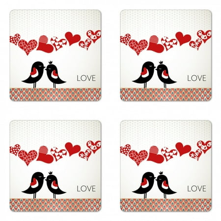 

Love Coaster Set of 4 Queen and King Bird Couple Kissing Hanging Heart Shapes and Abstract Drop Pattern Square Hardboard Gloss Coasters Standard Size Multicolor by Ambesonne