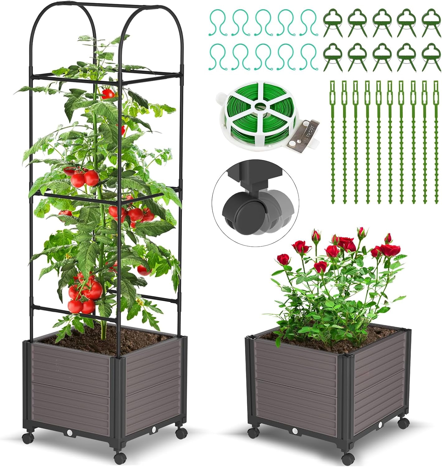 Slsy 2 Pack Raised Garden Bed Planter Box with Wheels,Tomato Cage Planter Raised Garden Bed with Trellis for Climbing Vegetables Plants Tomato Cage, Indoor Outdoor Use