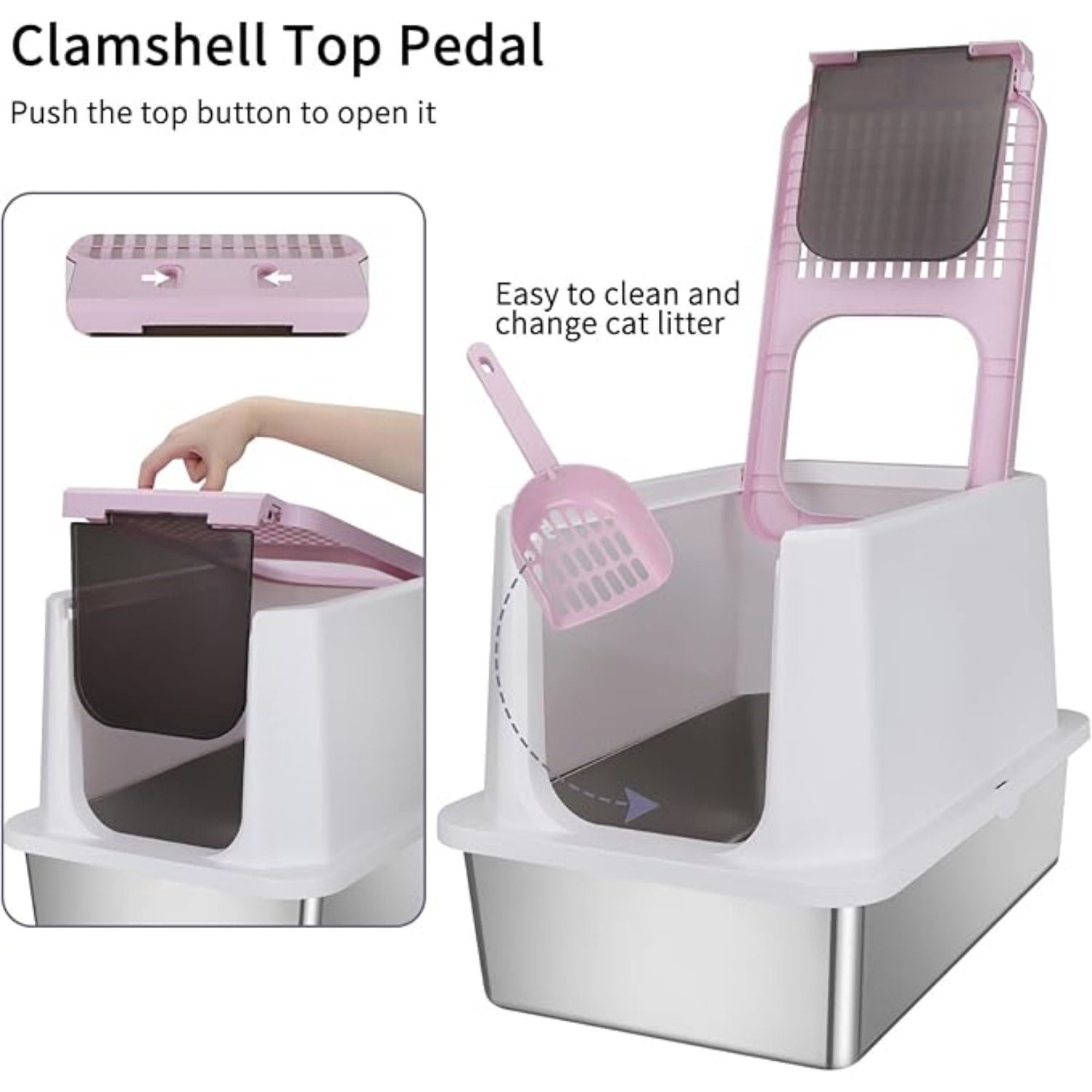 Enclosed Cat Litter Box: Extra Large Pink Litter Pan with Top Exit & Anti-Leak Design - Teflon Non-Stick Coating Stainless Steel Cleaning - Odor-Control in Garage Utility Room