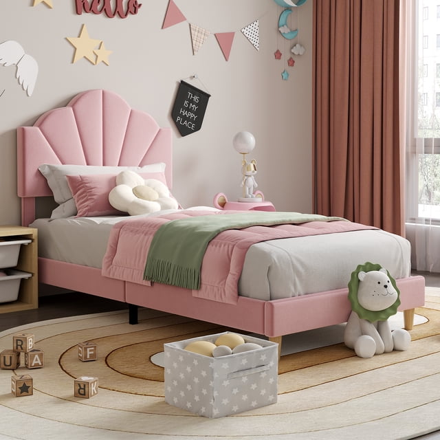 Gaderth Twin Size Upholstered Platform Bed Frame, Pink Shell Shaped Velvet Bed with Adjustable Headboard, Wood Slats and Metal Support, Noise Free, No Box Spring Needed for Girls Kids Teens