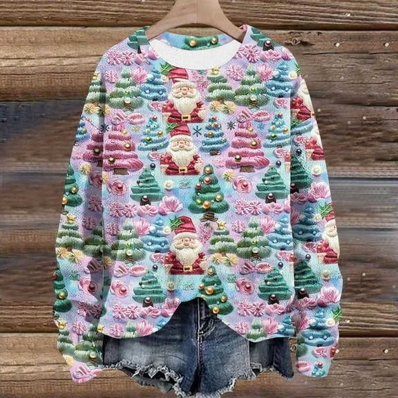 WXLWZYWL Womens Christmas Sweatshirts Cute Xmas Ugly 3D Graphic Print Sweaters Oversized Long Sleeve Round Neck Pullover Tops