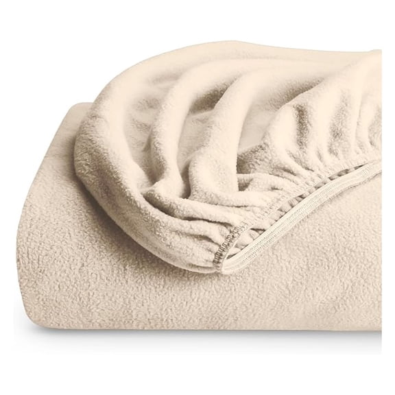 Queen Fleece Fitted Sheet - Extra Soft Polar Fleece - Deep Pocket - Cozy Warm Bedding - All Season - No Pilling - Sand