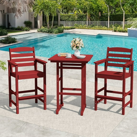 LOYALICE 3PC Wider-Size Outdoor Bar Stools, Oversize Tall Adirondack Chiar, Plastic Balcony Chair Set, Patio Furniture Set, Dark Red