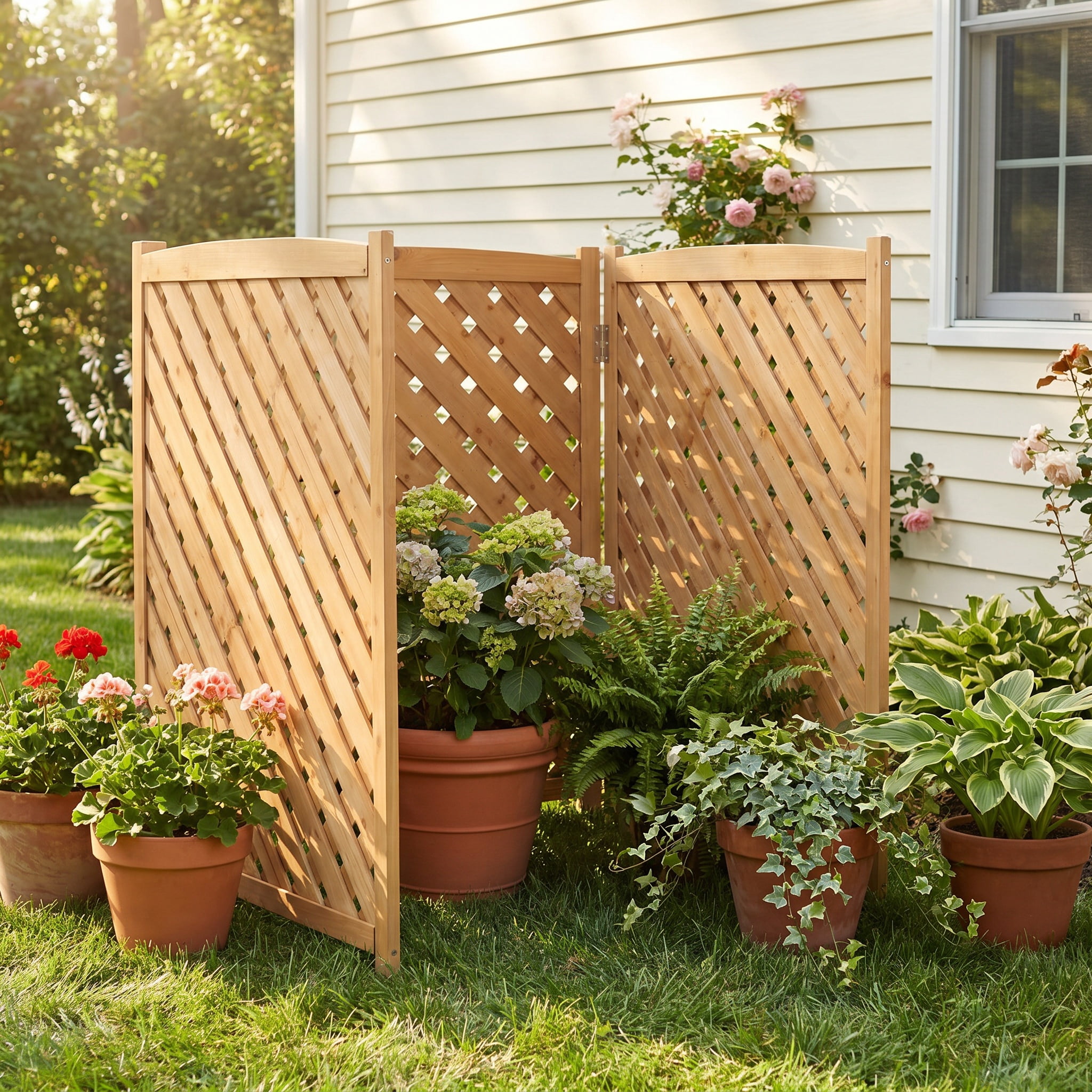 Outdoor Wood Privacy Fence 3-Panel 32W x 38H, Solid Wood Air Conditioner Screen with Slat Spacing for AC Unit Trash Can Pool Pump Enclosure, Light Brown
