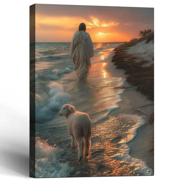 Canvas poster Jesus and the Lamb Walking on the Beach Wall Decor Wall Art Gallery Decor Unique Print Wall Decor for Living Room Bedroom Church Home Decor
