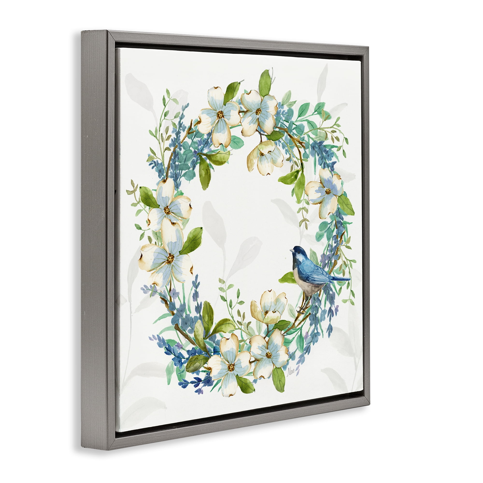Stupell Industries Dogwood Wreath & Bluebirds Plants & Flowers Painting Gray Floater Framed Canvas Art Print Wall Art, 18 x 18