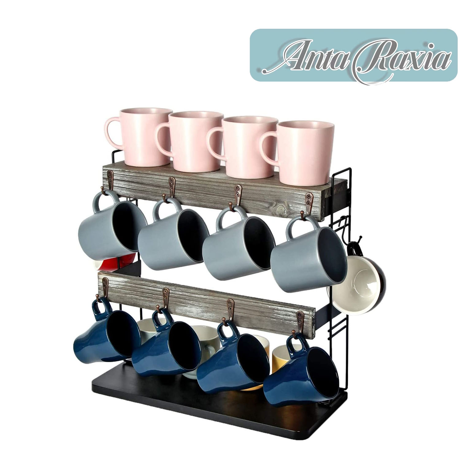 Rustic Wood Countertop 2 Tier Coffee Mug Cup Rack Holder Stand with