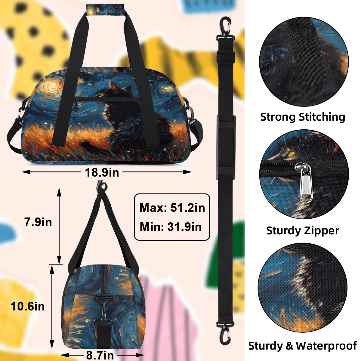 Herdesigns Funny Cat Sports Duffle Bag for Women & Men, Unique Cat Gym Bag Dance Bag Overnight Bag Carry On Weekender Travel Bag