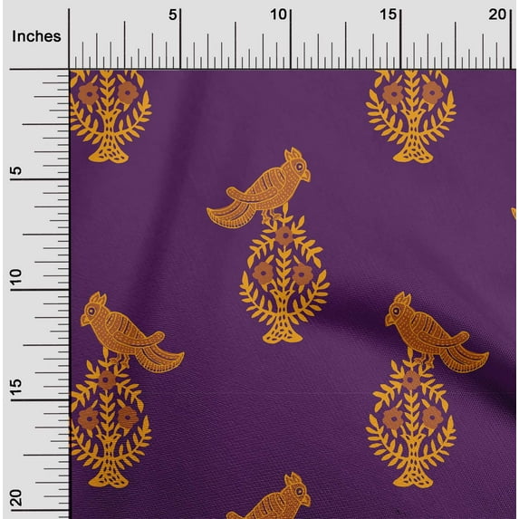 oneOone Silk Tabby Fabric Leaves|Bird & Floral Block Print Fabric BTY 42 Inch Wide