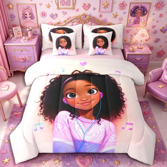 Castle Fairy Black Cute Girl Twin Bedding 7-Piece,Musical Note Print Bedding Comforter Set,Pink Purple,Grey Reversible