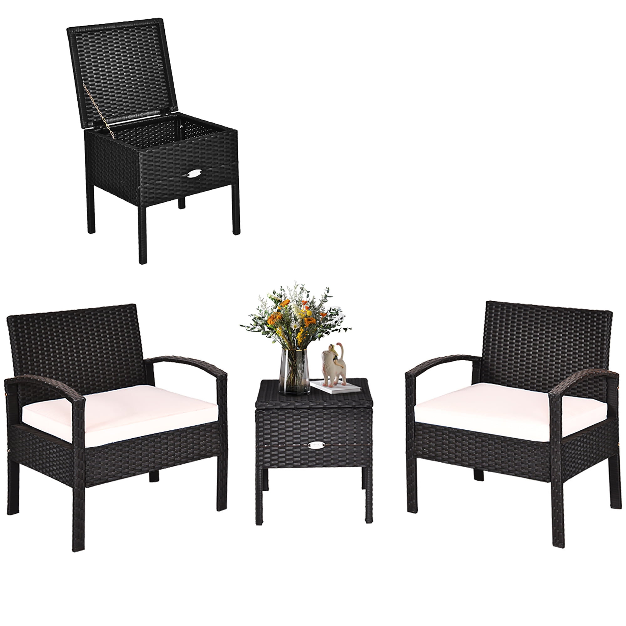 Costway 3PC Outdoor Patio Rattan Furniture Set Storage Coffee Table Cushioned Sofa White