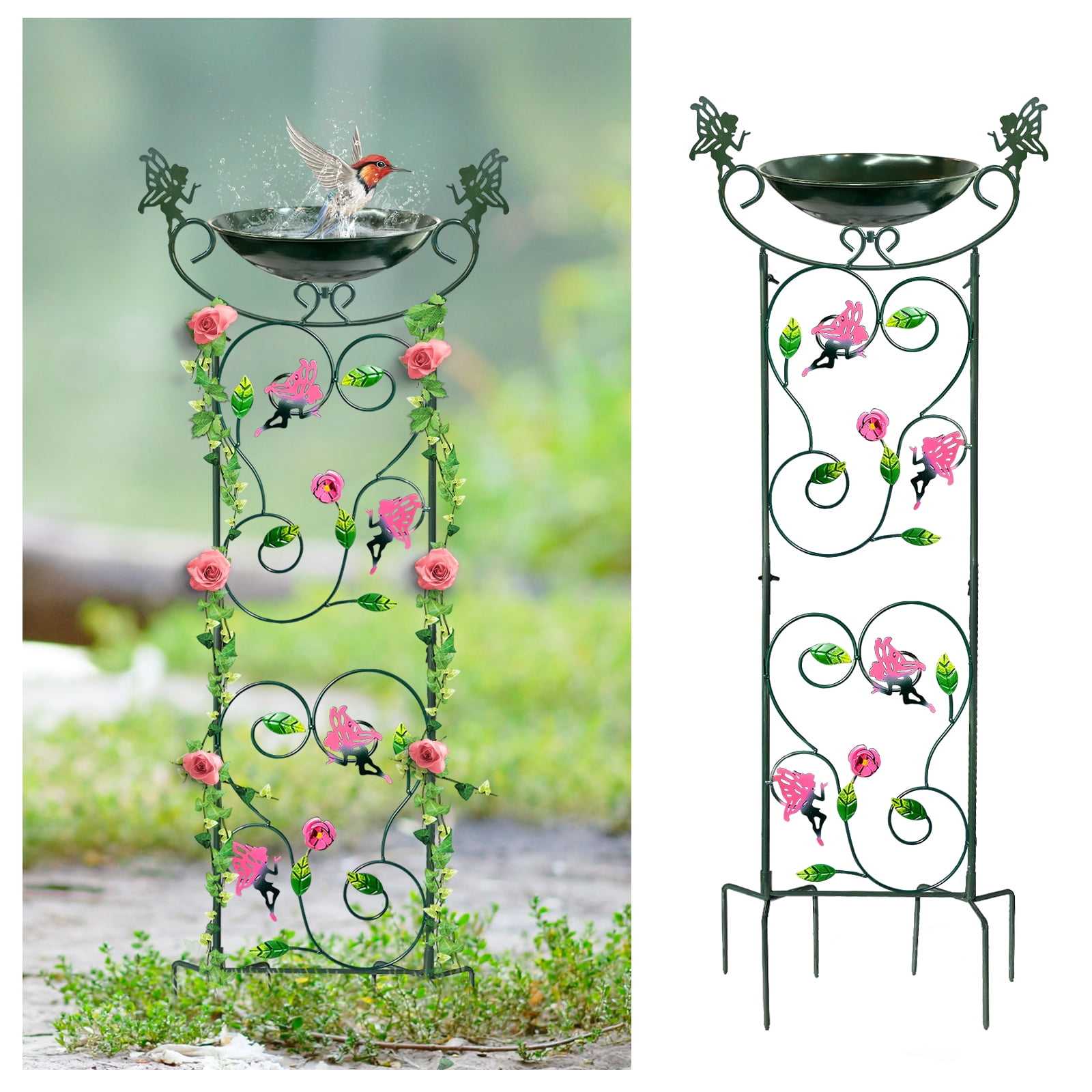 Green Flower Fairy Garden Bird Bath with Trellis and Plant Stake - 36" Height, Hongland Brand (1 Pc)