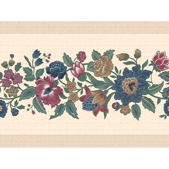 Dundee Deco's Peel and Stick Wallpaper Border - Floral Blue Green Pink Flowers on Vines Wall Border Retro Design, 15 ft x 7 in, Self Adhesive