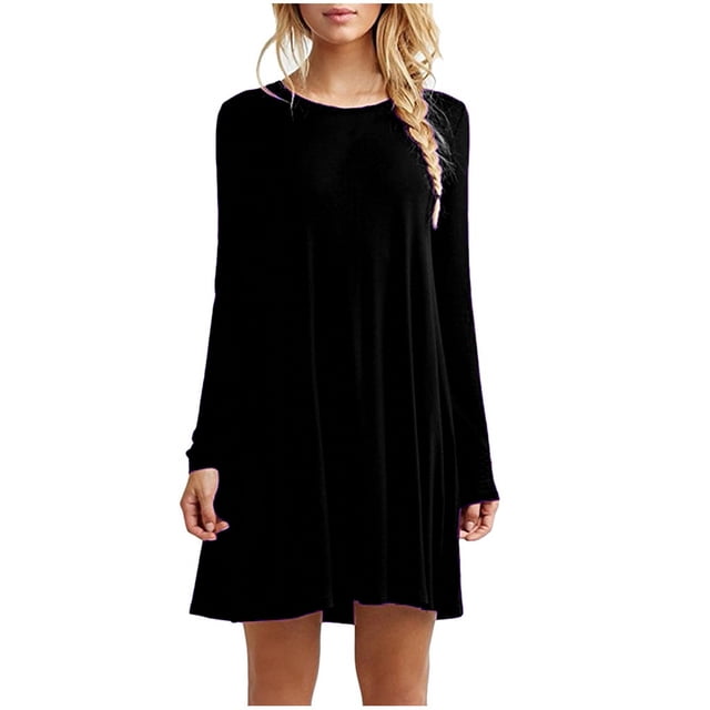Vestido mini con cuello redondo y volantes de manga larga para mujer - Poliéster/spandex, corte holgado - Tallas S-XXXL