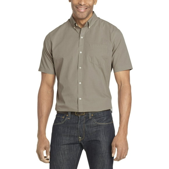 Van Heusen Men's Wrinkle Free Short Sleeve Button Down Twill Shirt, Aluminum Minicheck, Large