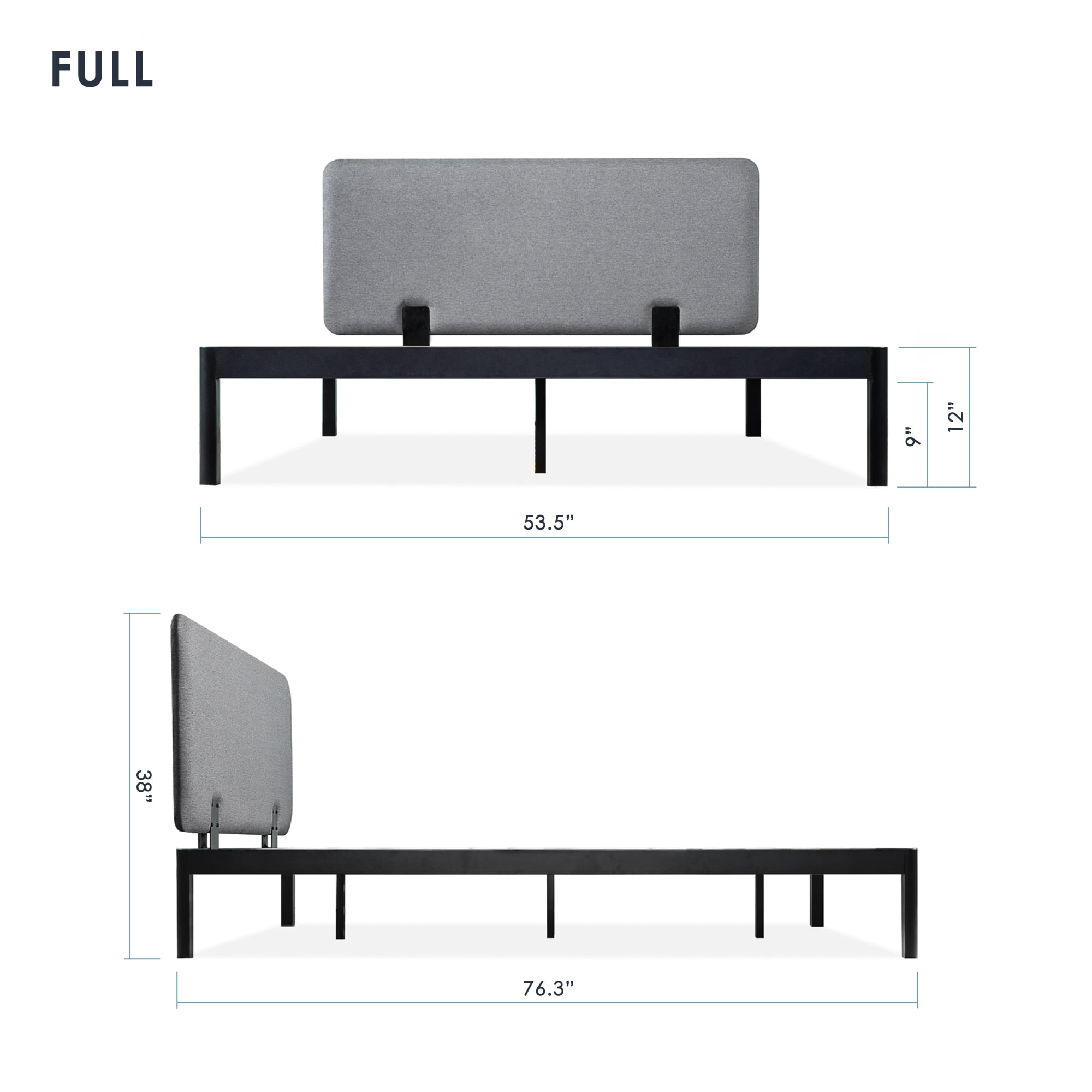 Mellow Kert Metal Platform Bed with Fabric Headboard and Rounded Legs, Classic Grey, Full