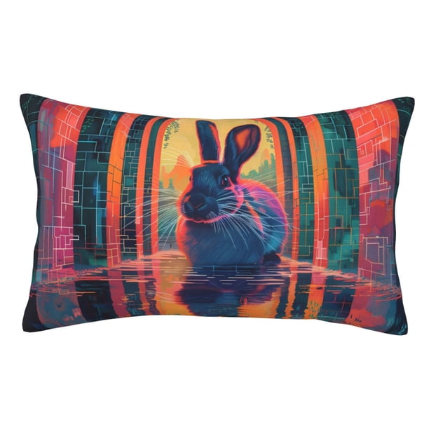 Fotbe Neon Rabbit In Archway Funda de Almohada Decorativa Estilo Occidental, Lujo en Algodón, Fundas para Almohadas King, Cojín Estampado para Decoración del Hogar-16"x24"