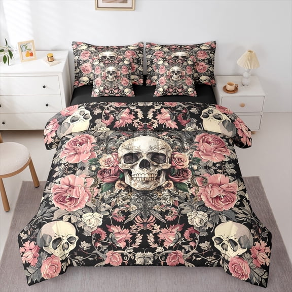 Manfei Horror Halloween Skull Bedding Comforter Set 7 Pieces,Romantic Flower Rose Full Bedding Set,Gothic Theme Fitted Sheet Flat Sheet For Teens,Microfiber Bedroom Decor Reversible